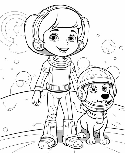 Lindo niño de dibujos animados astronauta de alta calidad libro de colorear en blanco y negro