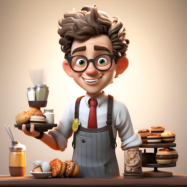 El lindo niño de dibujos animados con café de hamburguesa y rosquillas en la mesa