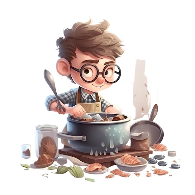 Lindo niño de dibujos animados cocinando comida en una olla ilustración vectorial