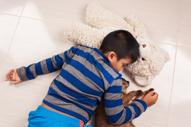 Lindo niño duerme con osito y gato marrón