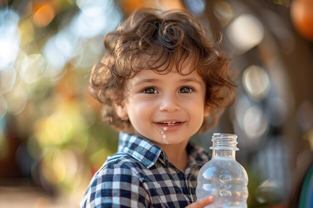 Foto el lindo niño feliz con ojos oscuros bebe leche de una botella el niño lleva una camisa a cuadros