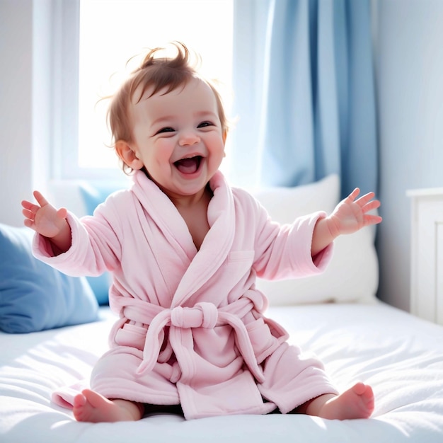 Lindo niño feliz riendo en bata de baño suave después de bañarse jugando en la cama blanca