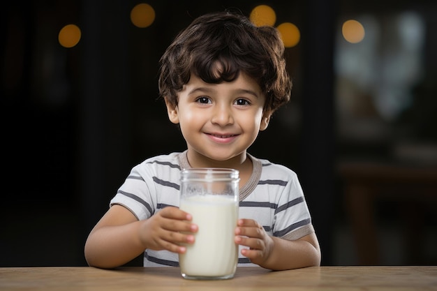 un lindo niño indio bebe leche en un vaso expresiones felices