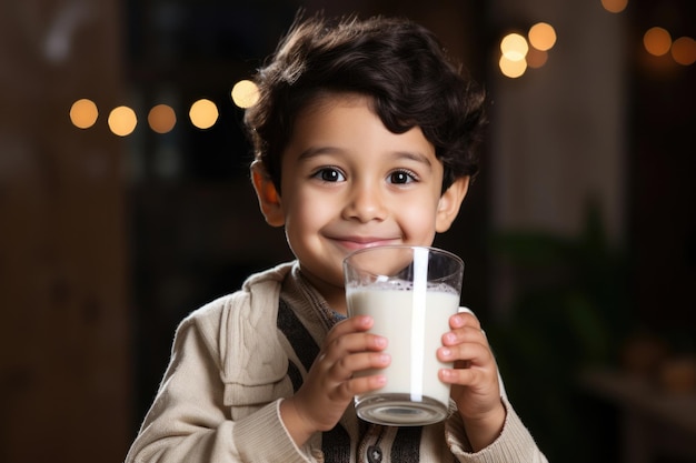 un lindo niño indio bebe leche en un vaso expresiones felices