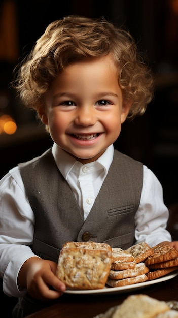 Un lindo niño judío caucásico sosteniendo en sus manos y tomando un bocado de pan