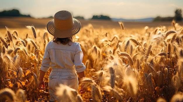 Lindo niño jugando en el campo de verano de trigo foto tomada desde atrás