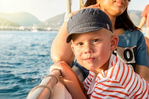 Lindo niño con madre disfruta de un viaje en barco navegando en el mar pasando la costa de Marmaris