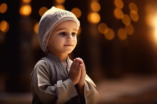 Lindo niño musulmán rezando en la mezquita