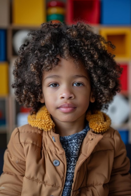 un lindo niño negro con el cabello rizado luagging mientras mira a la cámara en la sala de juegos en casa concepto de inocencia en la infancia