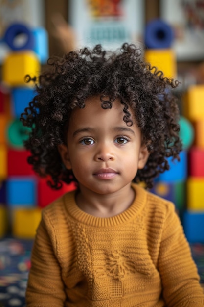 un lindo niño negro con el cabello rizado luagging mientras mira a la cámara en la sala de juegos en casa concepto de inocencia en la infancia