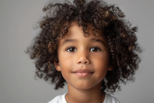 Un lindo niño negro con el cabello rizado y una sonrisa traviesa mirando a la cámara con curiosidad y vergüenza Concepto de inocencia en la infancia