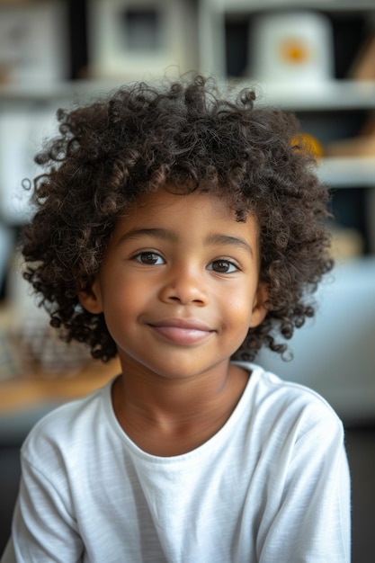 Un lindo niño negro con el cabello rizado y una sonrisa traviesa mirando a la cámara con curiosidad y vergüenza Concepto de inocencia en la infancia