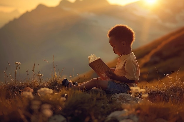 Un lindo niño negro leyendo un libro de montaña mágica en el fondo.