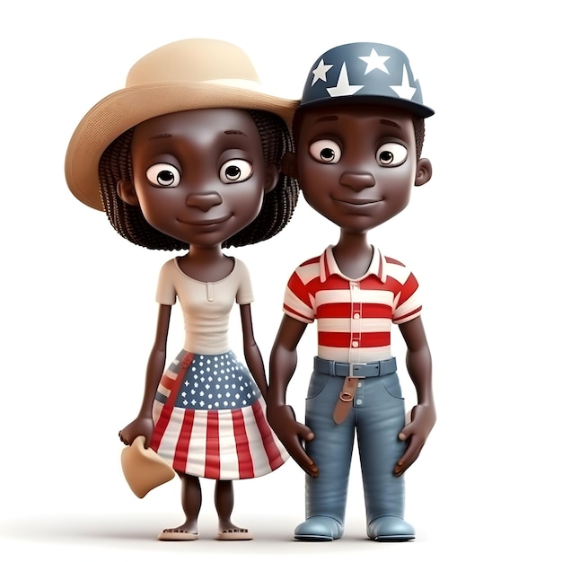Un lindo niño y una niña afroamericanos con ropa de verano de fondo blanco