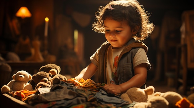 lindo niño con osito de peluche en la oscuridad