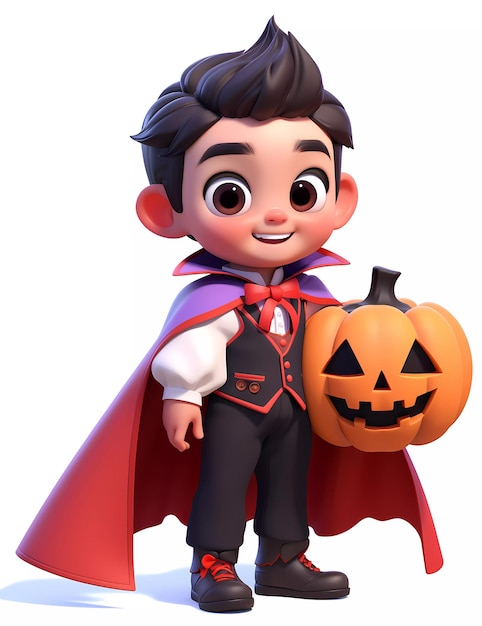 lindo niño pequeño con un divertido disfraz de drácula con calabaza de halloween