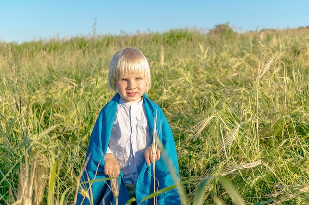 Lindo niño pequeño niño que sostiene la bandera nacional ucraniana azul amarillo en el campo de trigo Ucrania Independencia BanderaConstituciónKiev día