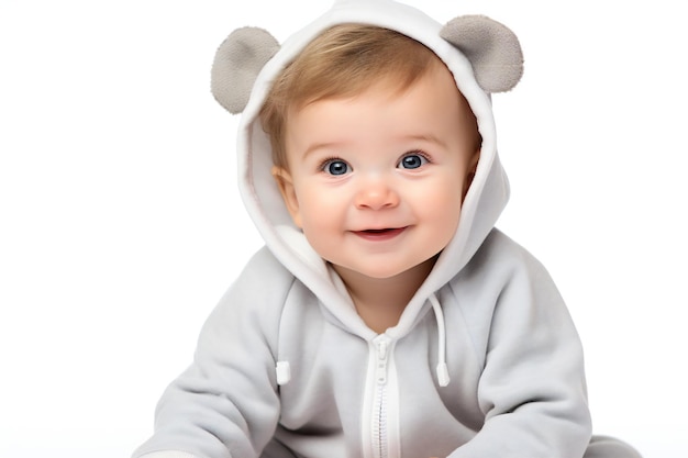 Lindo niño pequeño con una sudadera con capucha gris aislada sobre fondo blanco