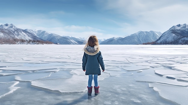 Un lindo niño de preescolar está jugando en el hielo de un lago o río congelado en un invierno frío y soleado