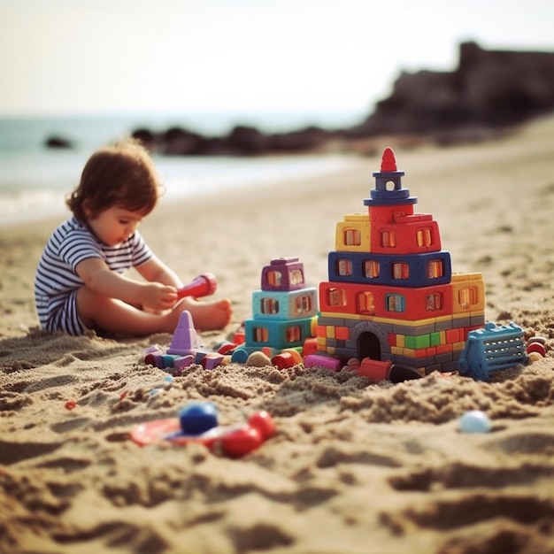 Lindo niño rubio cavando un castillo de arena en el borde de las aguas