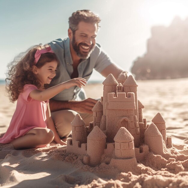 Lindo niño rubio cavando un castillo de arena en el borde de las aguas