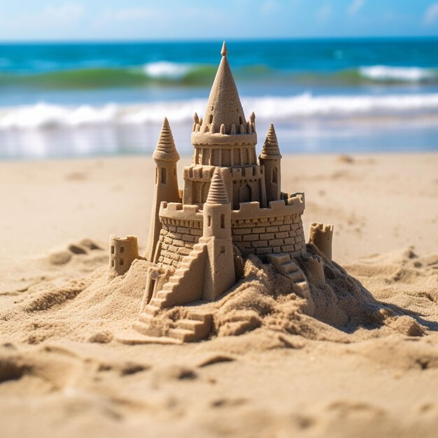 Lindo niño rubio cavando un castillo de arena en el borde de las aguas