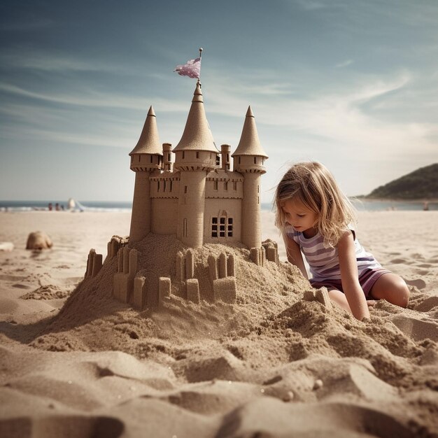 Lindo niño rubio cavando un castillo de arena en el borde de las aguas