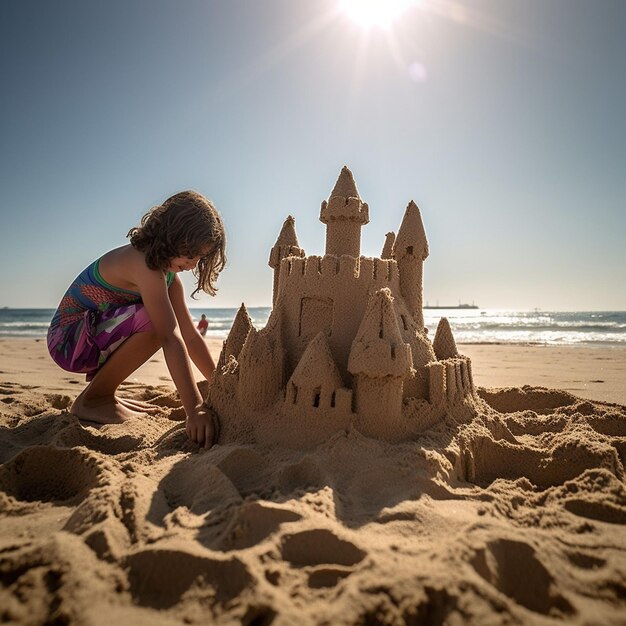 Foto lindo niño rubio cavando un castillo de arena en el borde de las aguas