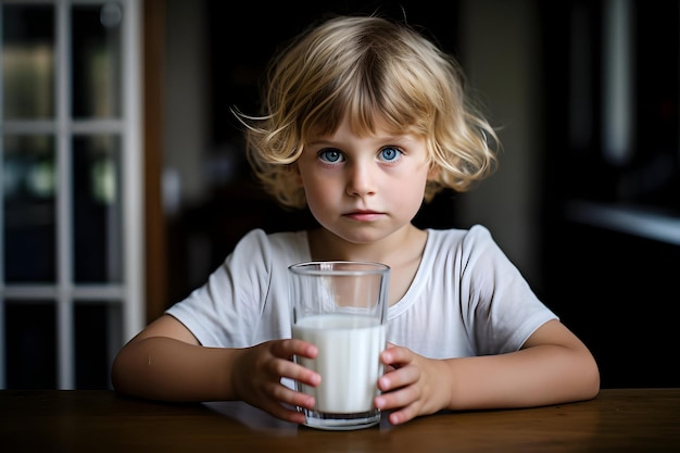 Un lindo niño rubio con ojos azules y un vaso de leche en alta resolución.