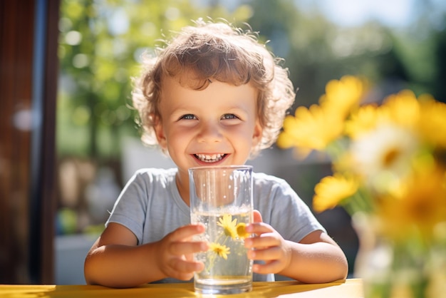 Un lindo niño sonriente bebe agua de un vaso mientras está sentado en una mesa en la naturaleza en el pueblo