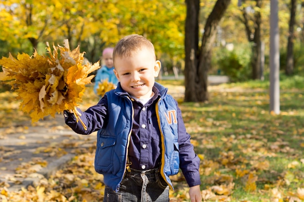 Lindo niño sonriente feliz sosteniendo un montón de coloridas hojas de otoño amarillas