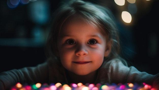 Lindo niño sonriente iluminado por luces navideñas disfrutando de la diversión familiar generada por IA