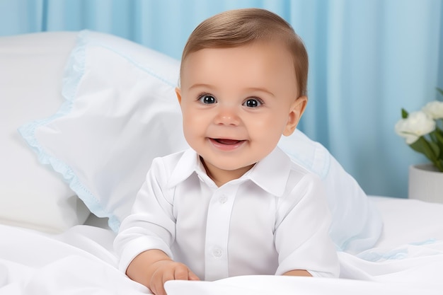 Lindo niño sonriente recién nacido con un paño blanco acostado en una cama en un dormitorio con un interior azul claro