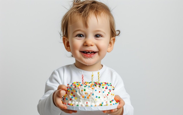 Lindo niño sonriente sosteniendo un pastel de cumpleaños