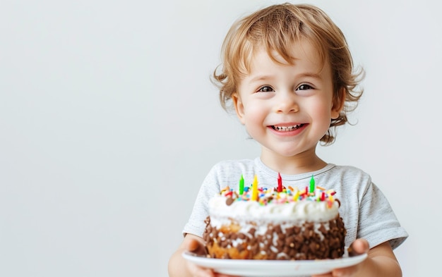 Lindo niño sonriente sosteniendo un pastel de cumpleaños