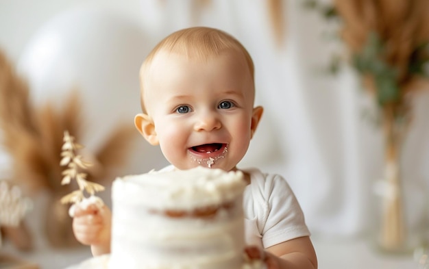 Lindo niño sonriente sosteniendo un pastel de cumpleaños