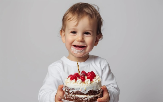 Lindo niño sonriente sosteniendo un pastel de cumpleaños