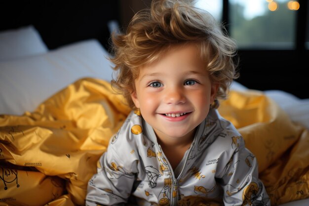 Lindo niño sonriente en su cama en la habitación antes de irse a dormir feliz infancia