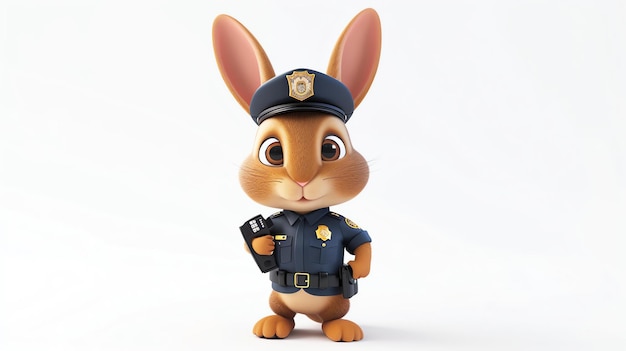 Un lindo oficial de policía de dibujos animados en uniforme con un walkie-talkie en 3D