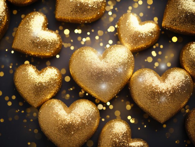 Foto lindo oro brillante corazones brillantes de fondo