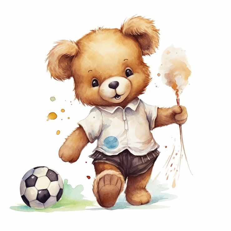 Lindo osito de peluche jugando al fútbol
