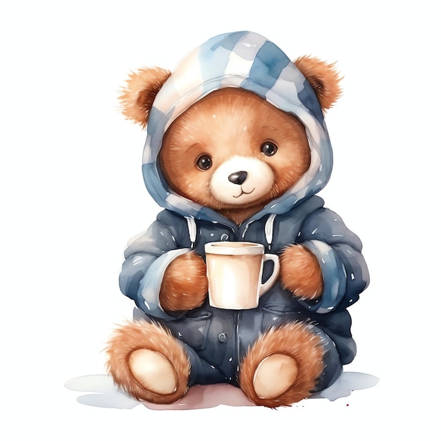 Lindo oso acuarela bebiendo té invierno ilustración osos de peluche clipart