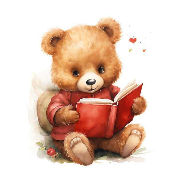 Lindo oso de acuarela leyendo un libro ilustración osos de peluche clipart