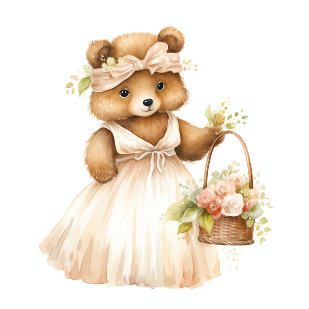 Lindo oso de acuarela en vestido blanco novia con cesta ilustración osos de peluche clipart
