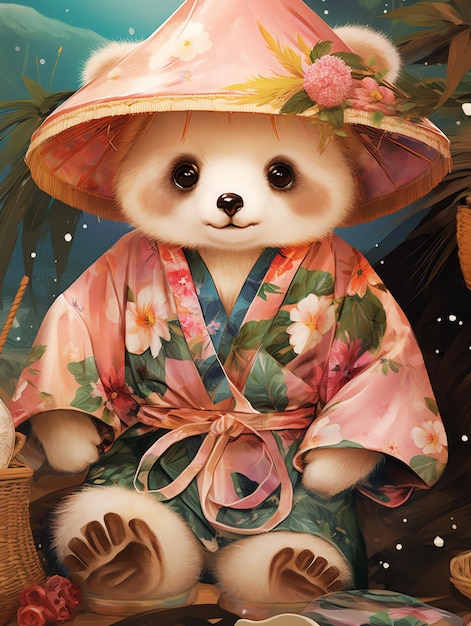 Lindo oso con bata de kimono boho para decoración de arte de pared con ilustración de guardería para niños