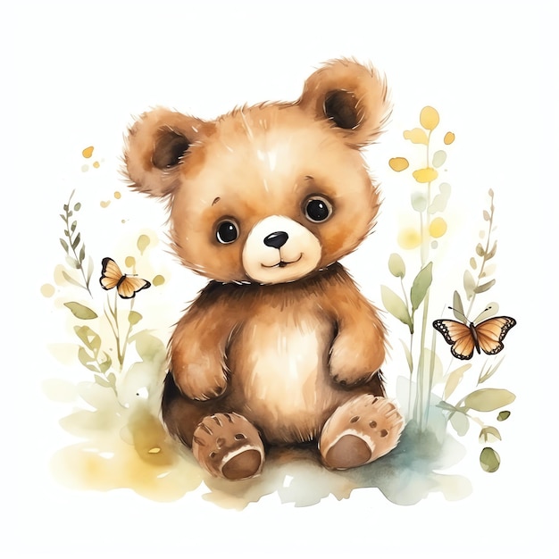 Lindo oso de bosque de acuarela con hojas ilustración osos de peluche clipart