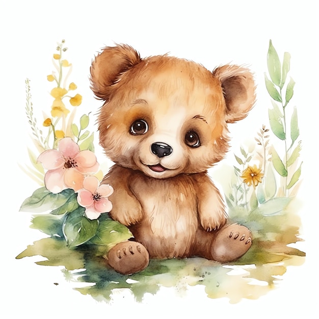 Lindo oso de bosque de acuarela con hojas ilustración osos de peluche clipart