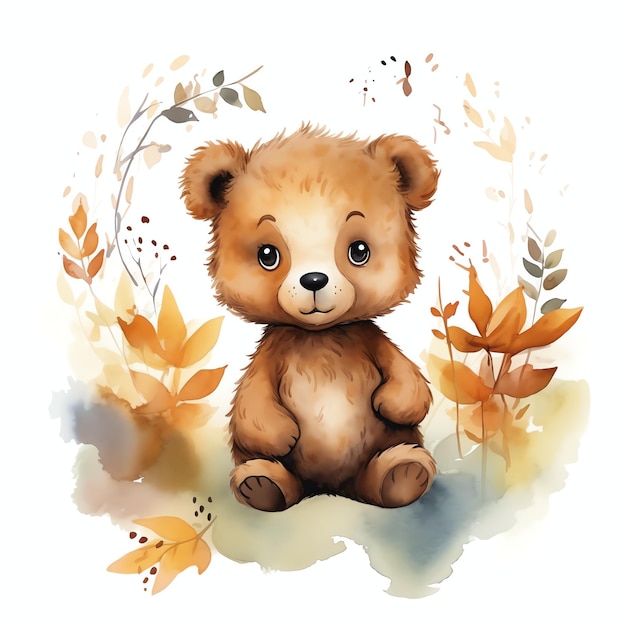 Lindo oso de bosque de acuarela con hojas ilustración osos de peluche clipart