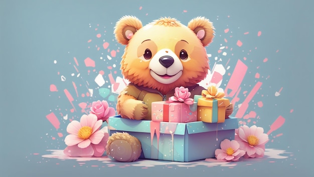 Lindo oso con una caja de regalo y fondo de flores de colores