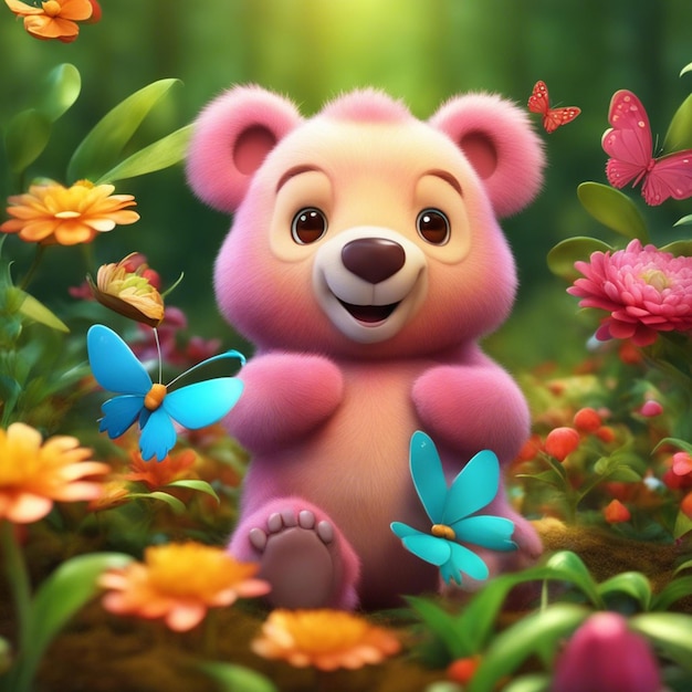 Un lindo oso de dibujos animados en 3D jugando con una mariposa de colores en un fondo de selva borrosa y limpia